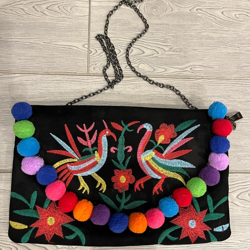 Pink Haley Morgan Elegant Black Clutch w Colorful Pom Pom Accents